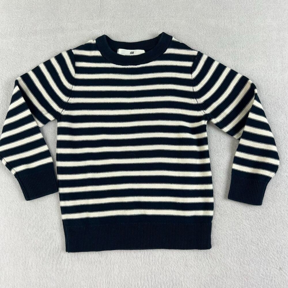H&M Sweater Kids 3/4T Striped Navy Blue & White 100% Cotton Crewneck Knit